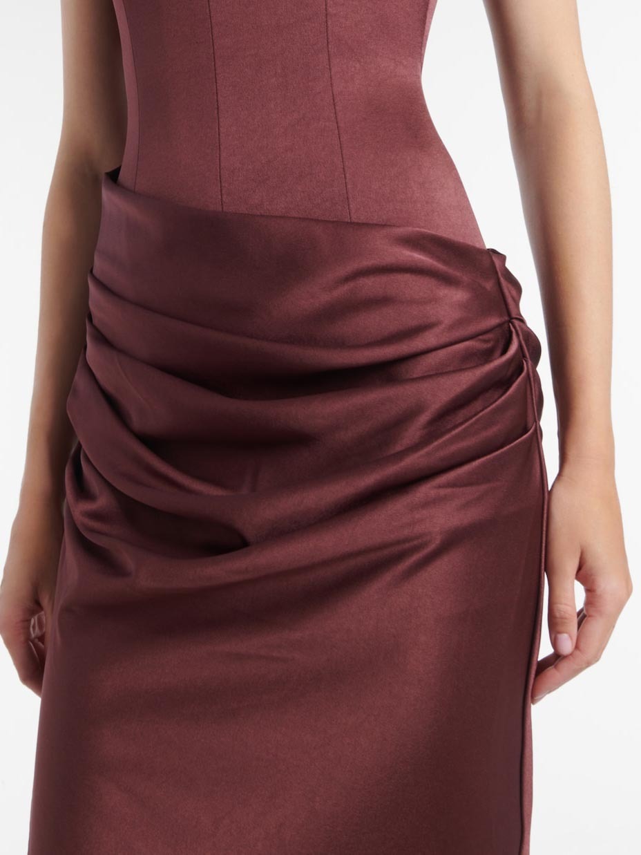 Elegant Strapless Corset Draped Satin Maxi Dress