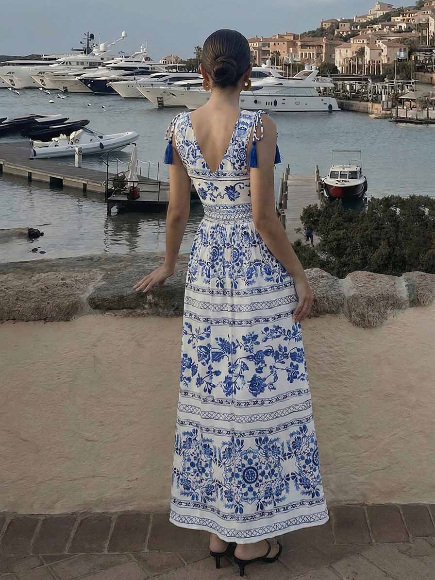 Porcelain Print V-Neck One-Piece Swimsuit & Long Cover-Up Set