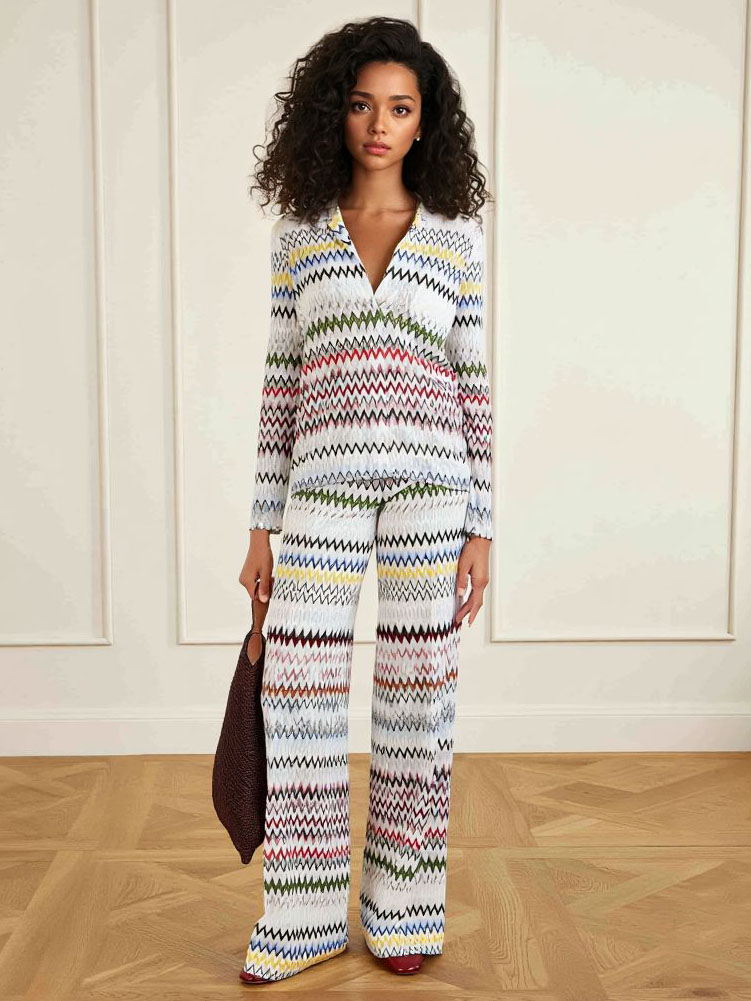 Geometric Zigzag Print Long-Sleeve Top & Wide-Leg Pants Two-Piece Set
