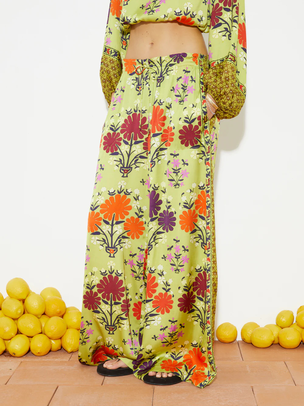 Unique Floral Print Elastic-Waist Wide-Leg Pants