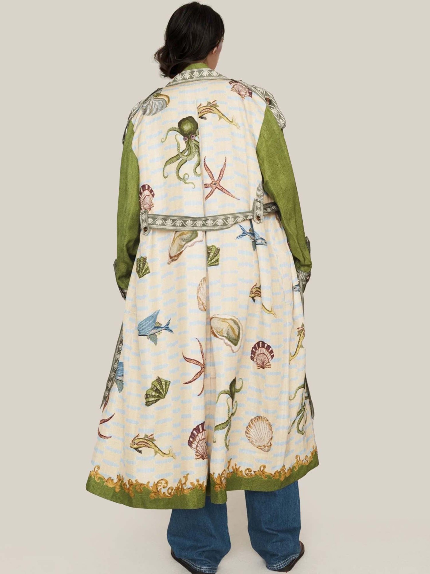 Unique Deep Sea Floral Print Loose Long Trench Coat