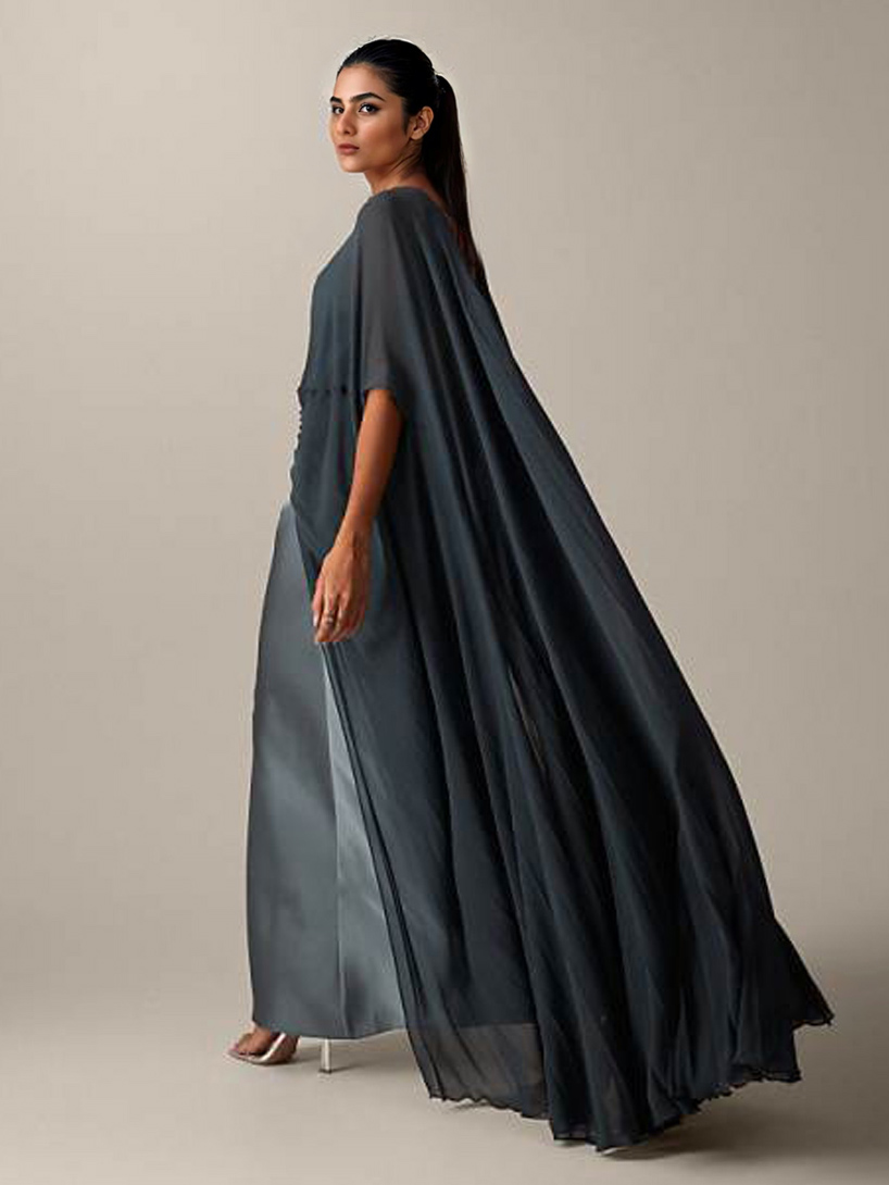 Pleated Shawl Detail Satin Maxi Dress