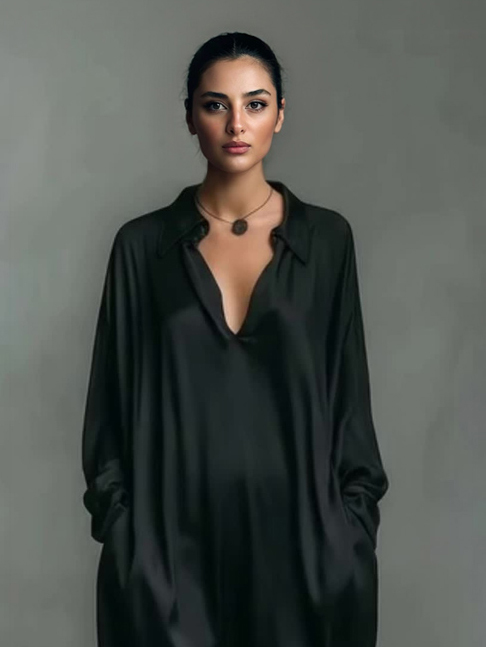 Elegant Satin Low-Cut Shirt Maxi Dress