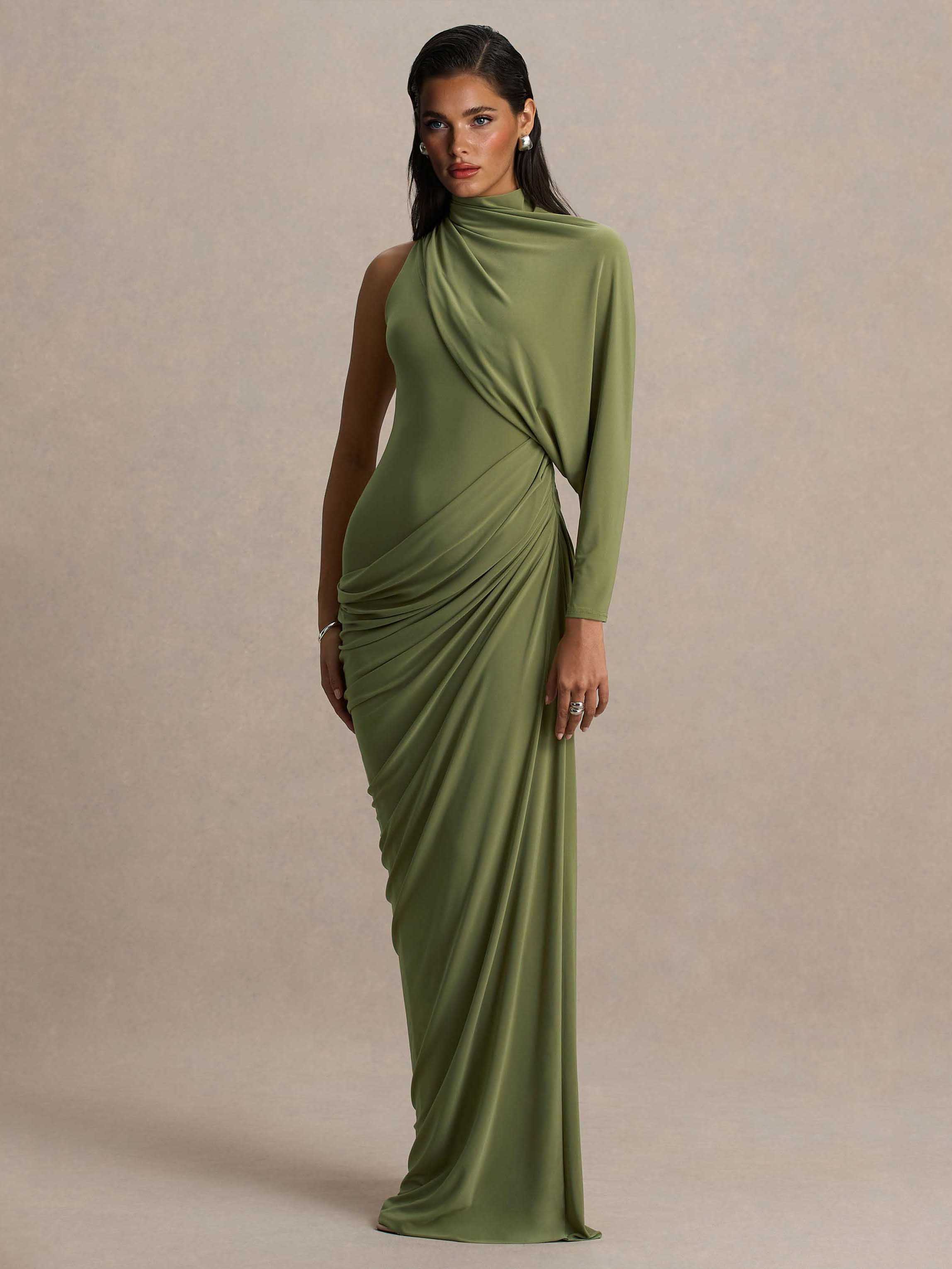 Elegant Asymmetrical One-Sleeve Draped Maxi Dress