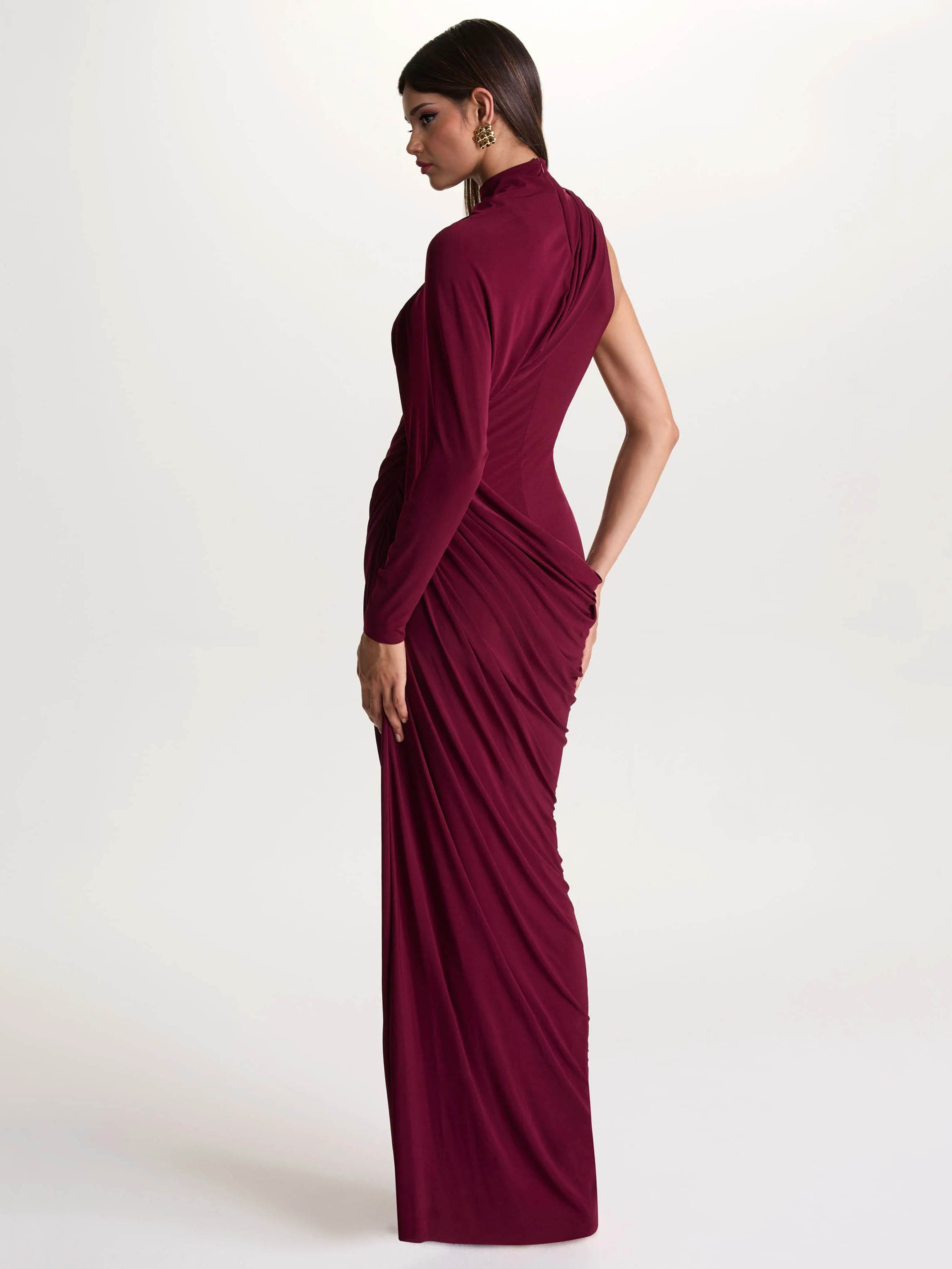 Elegant Asymmetrical One-Sleeve Draped Maxi Dress