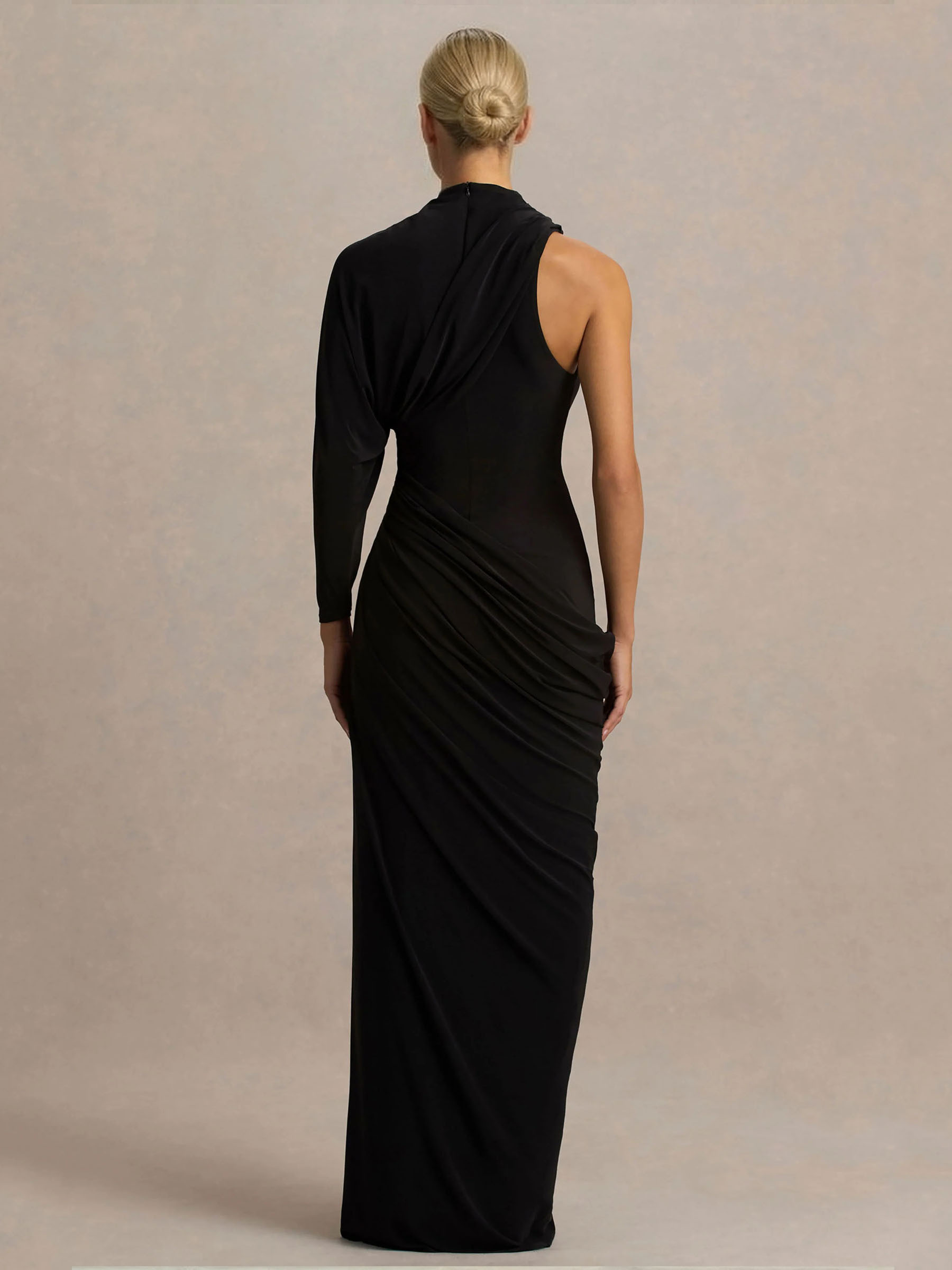 Elegant Asymmetrical One-Sleeve Draped Maxi Dress