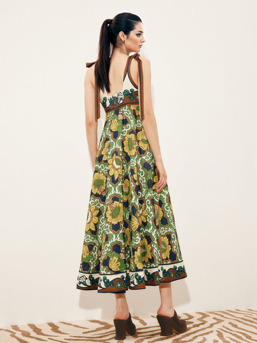 Retro Print Sleeveless Tie-Waist Midi Dress