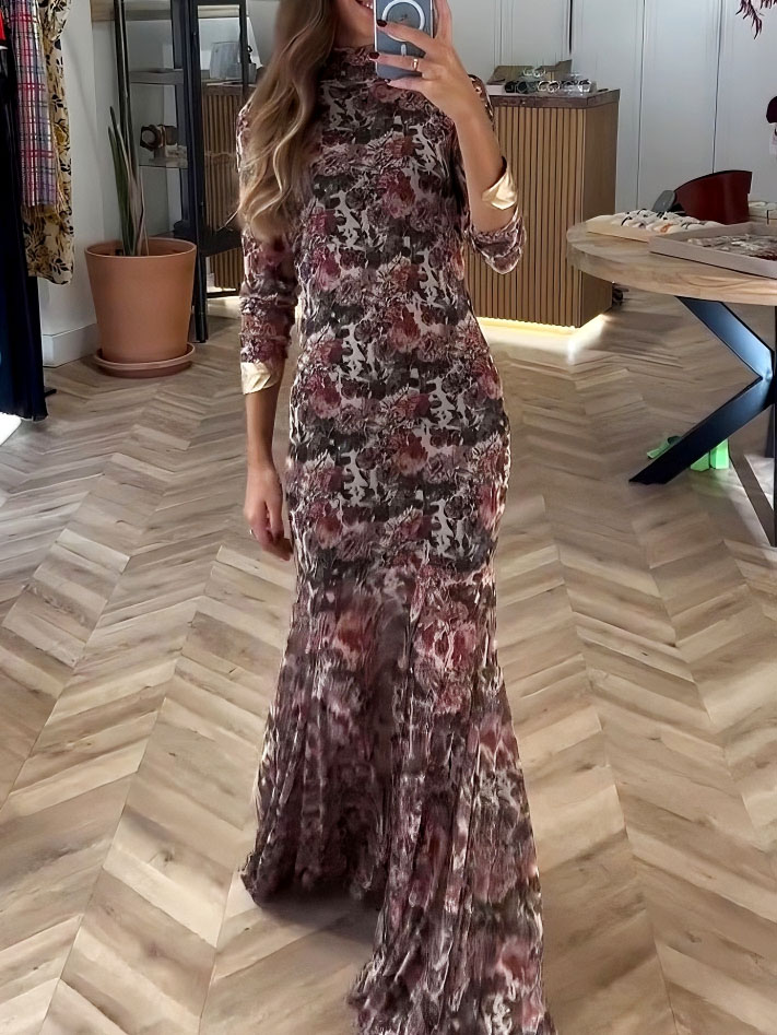Elegant Floral Mesh Print Long-sleeved Maxi Dress