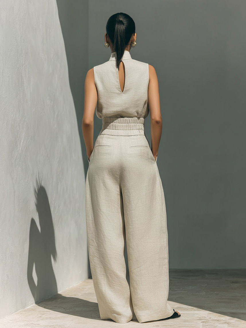 Elegant Linen High-Neck Top & Wide-Leg Pants Two-Piece Set