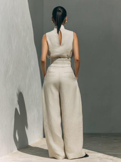 Elegant Linen High-Neck Top & Wide-Leg Pants Two-Piece Set