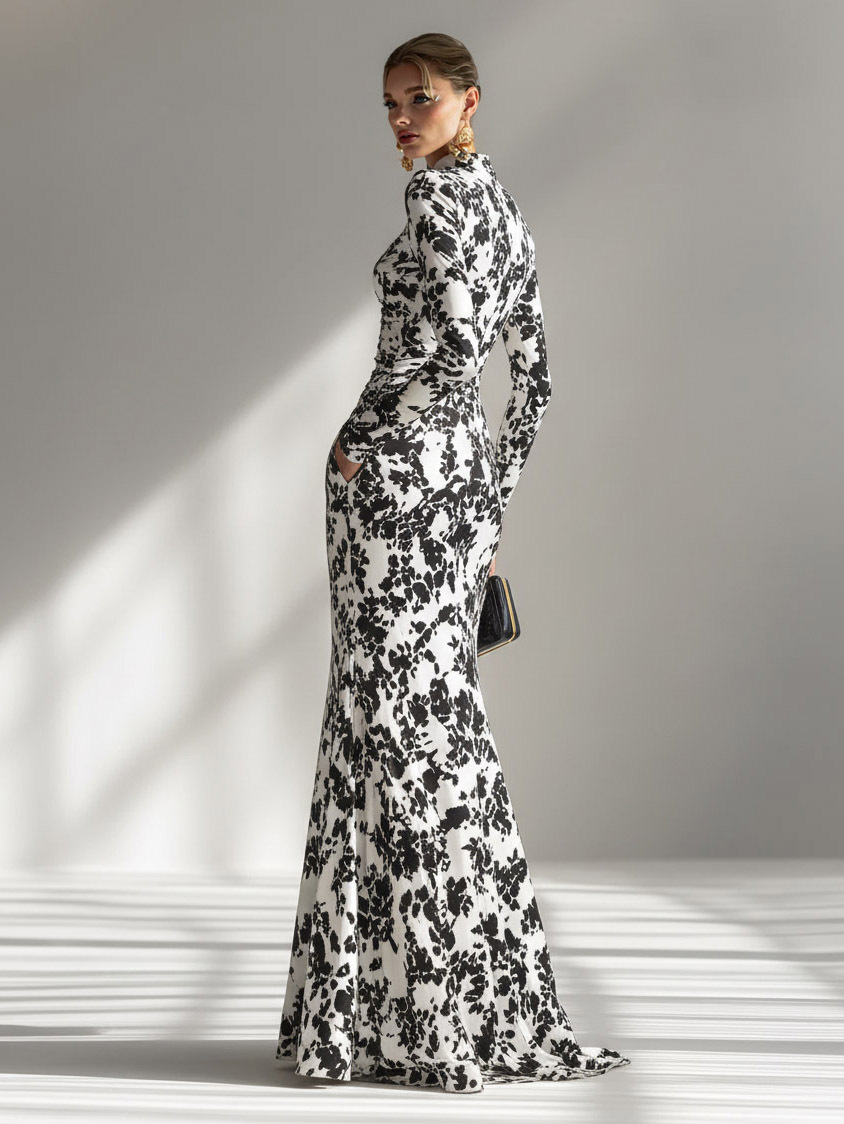 Casual Abstract Print High-Neck Pleated Mermaid Maxi Dress