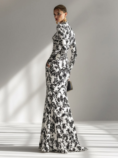 Casual Abstract Print High-Neck Pleated Mermaid Maxi Dress