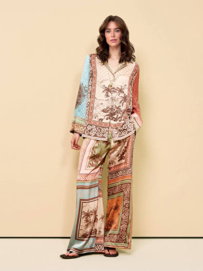 Unique Satin Floral Print Elastic-Waist Wide-Leg Pants