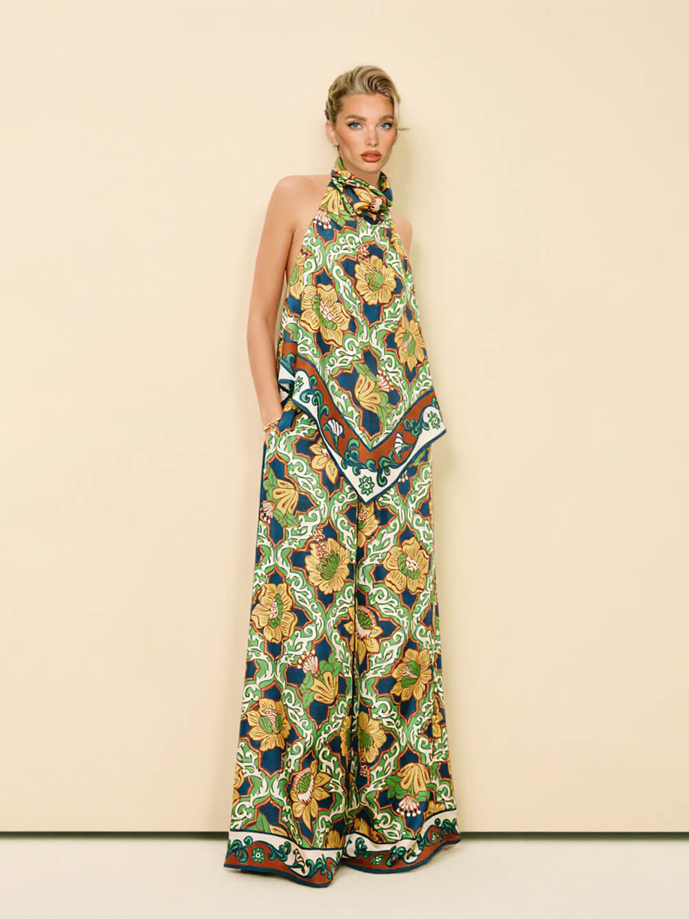 Modern Satin Print Elastic-Waist Pocket Wide-Leg Pants