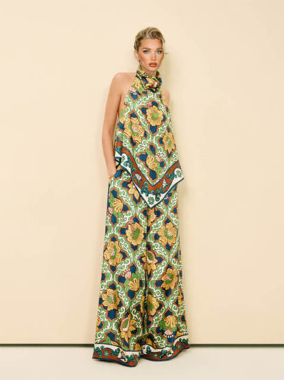 Modern Satin Print Elastic-Waist Pocket Wide-Leg Pants