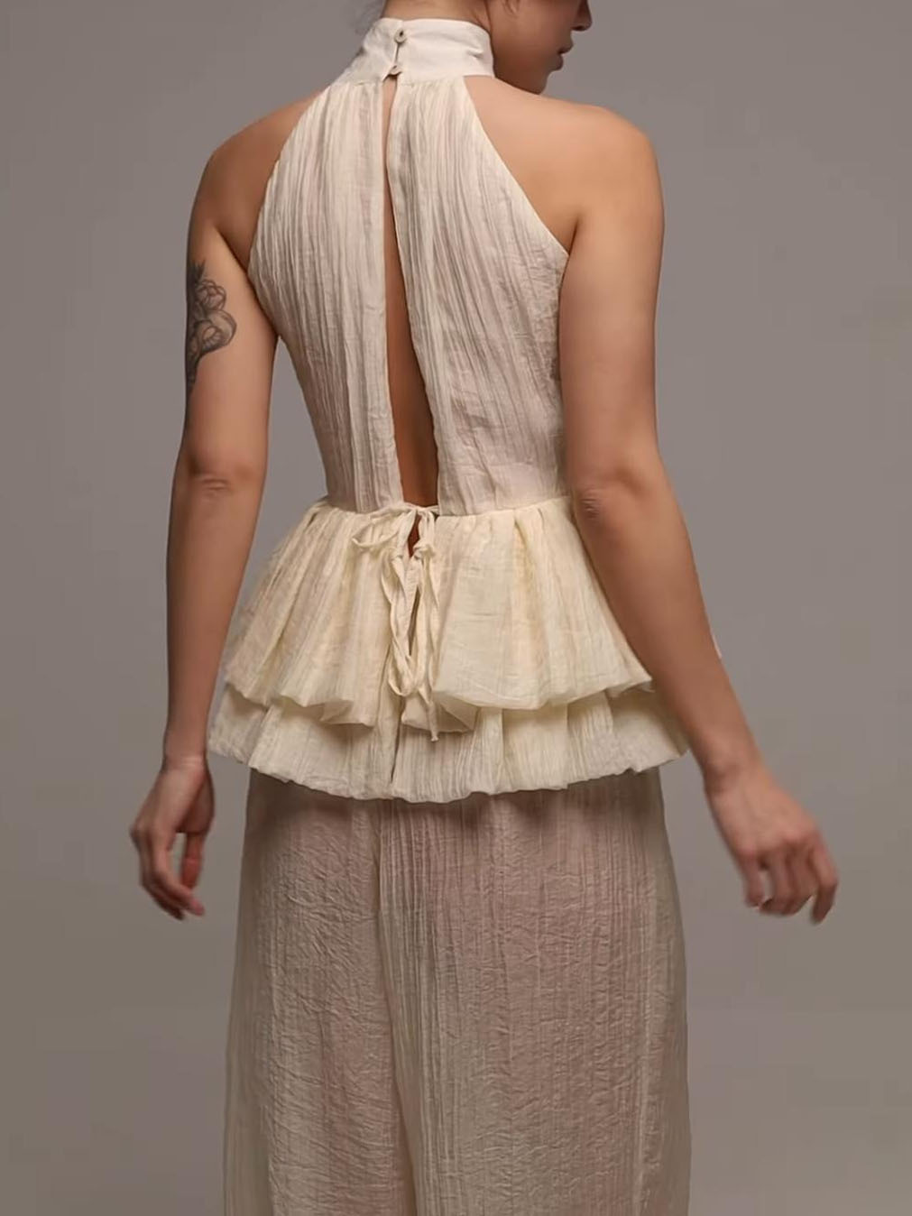 Elegant Ruffled Backless Top & Wide-Leg Pants Two-Piece Set