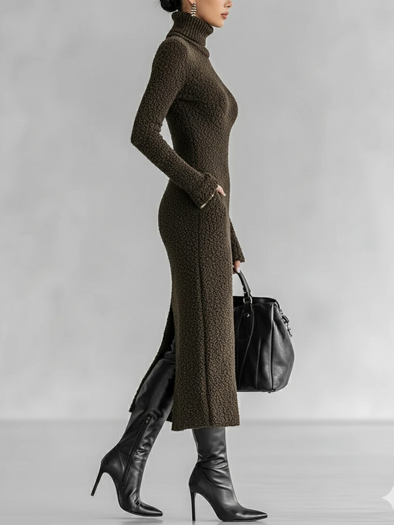 Elegant Turtleneck Textured Bodycon Maxi Dress