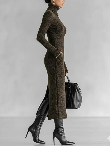Elegant Turtleneck Textured Bodycon Maxi Dress