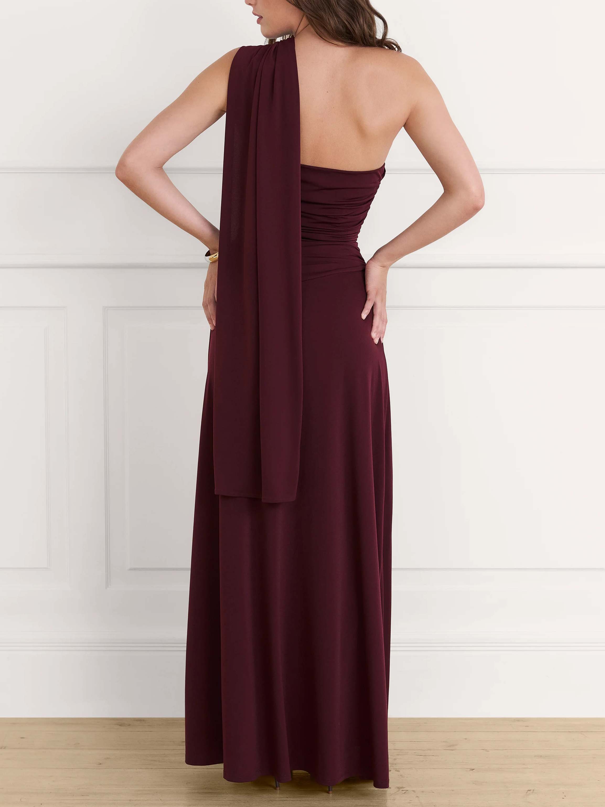 Elegant One-shoulder Draped Pleated Fitted Maxi Dress