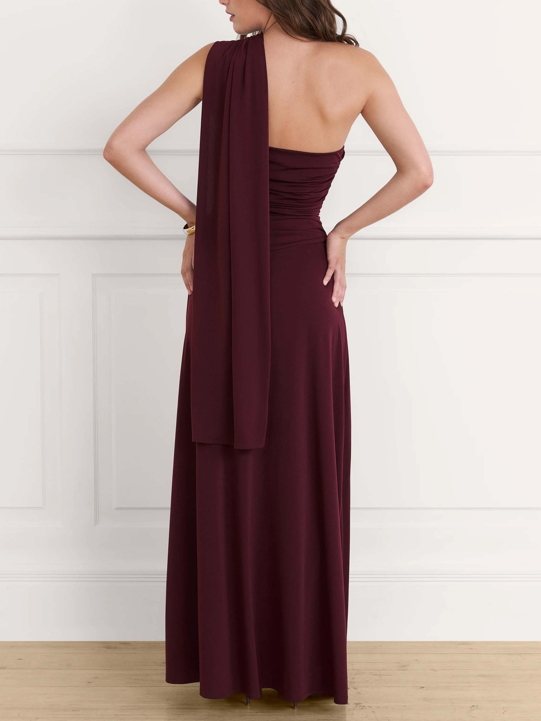 Elegant One-shoulder Draped Pleated Fitted Maxi Dress