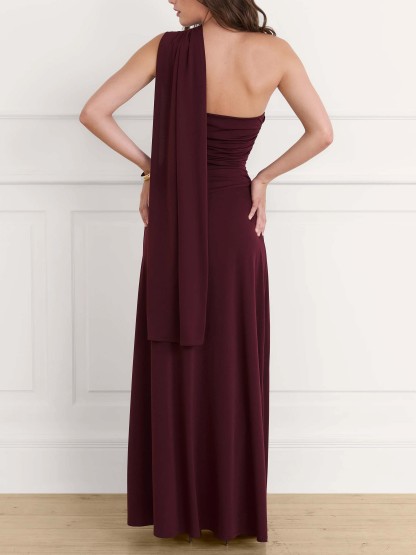 Elegant One-shoulder Draped Pleated Fitted Maxi Dress