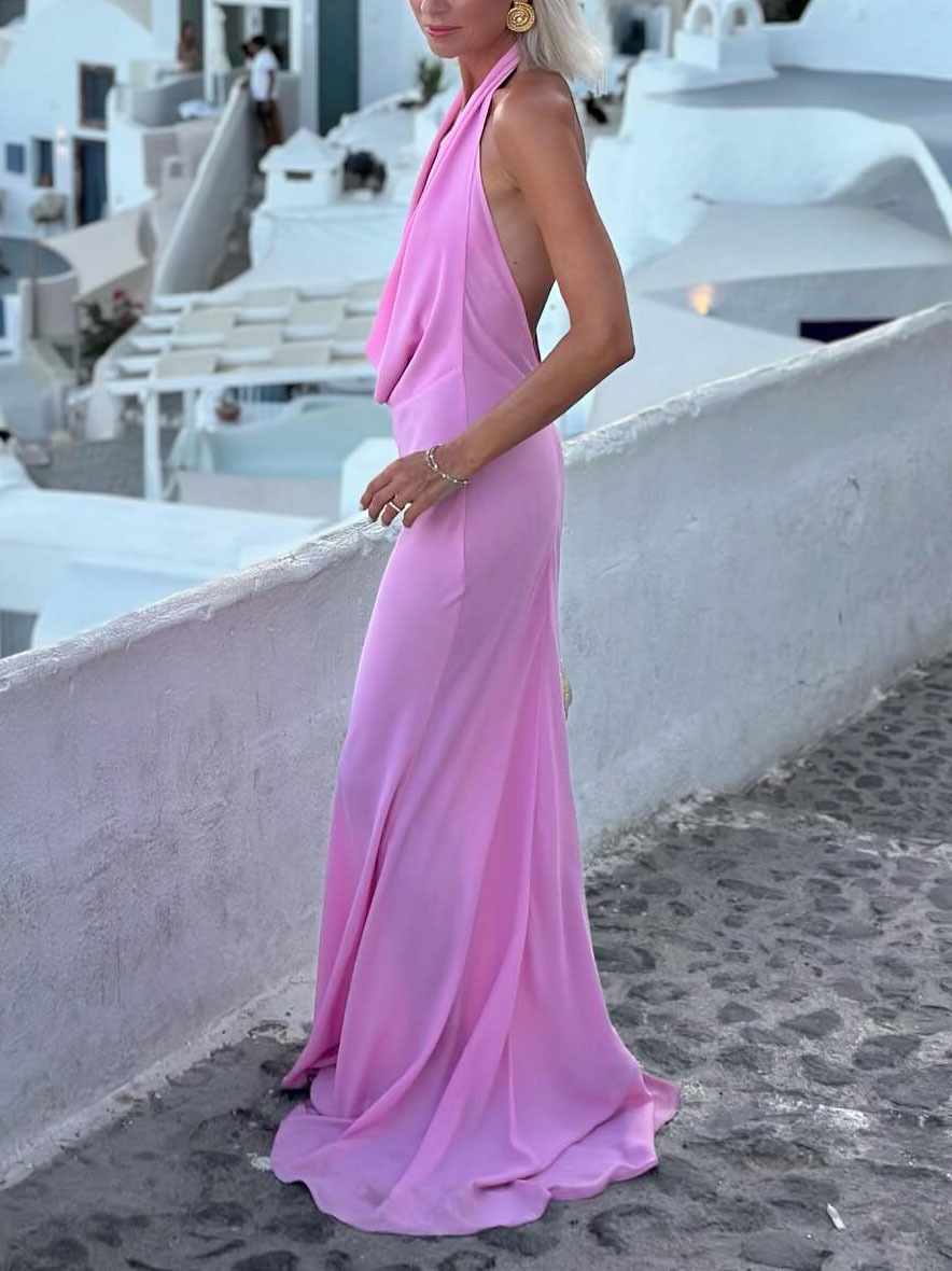 Elegant Draped Halterneck Backless Maxi Dress