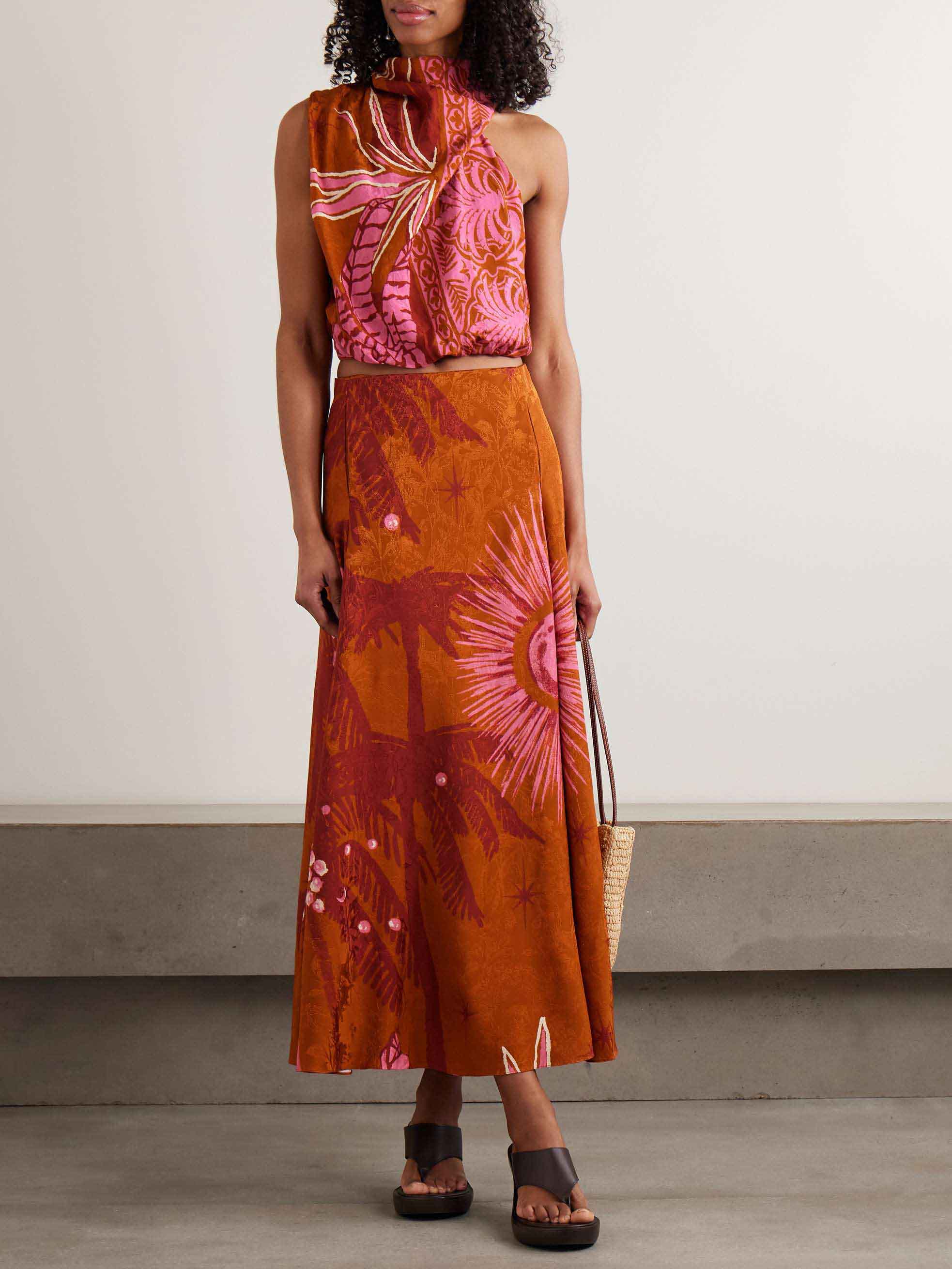 Retro Palm Tree Print Top & Skirt Two-Piece Set