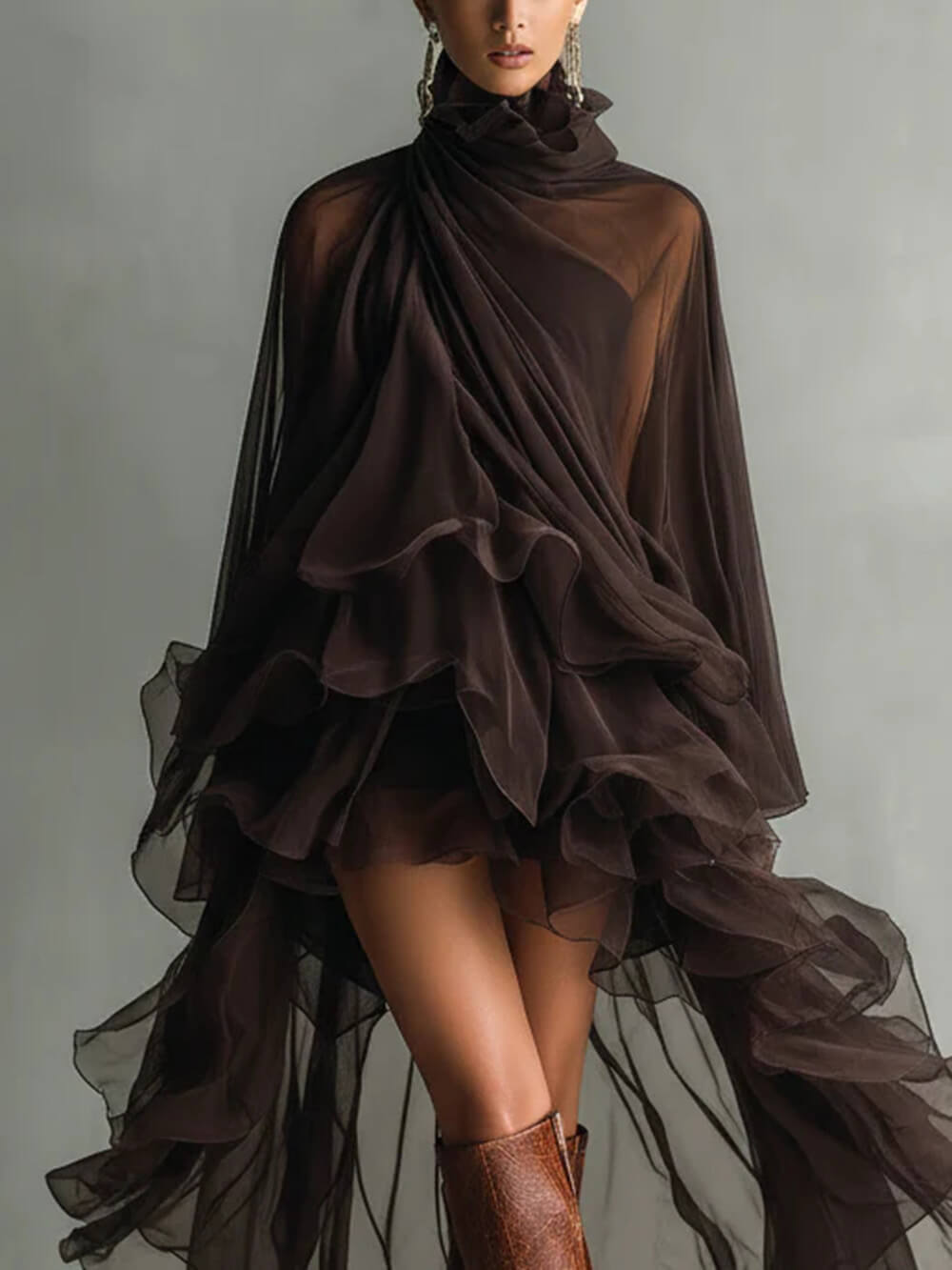 Elegant Ruffled Chiffon High-Neck Loose Midi Dress