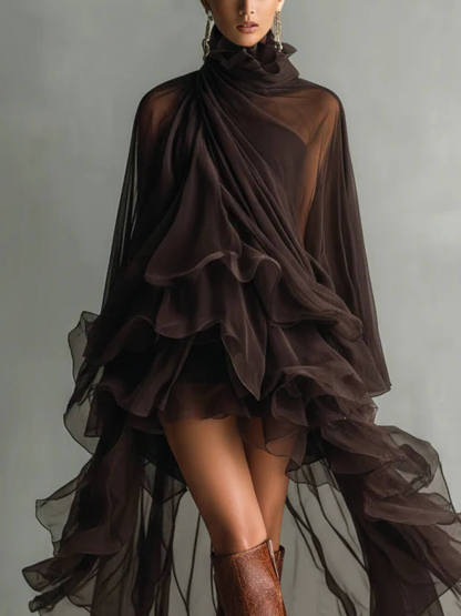 Elegant Ruffled Chiffon High-Neck Loose Midi Dress