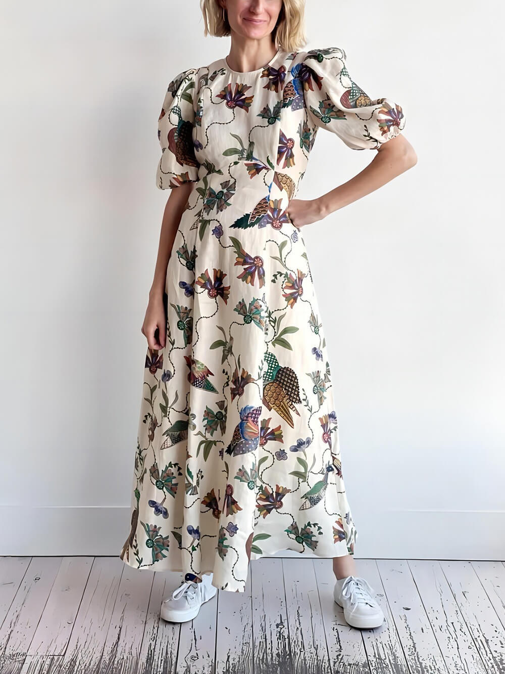 Effortless Artistic Bird Print Bodycon Dress