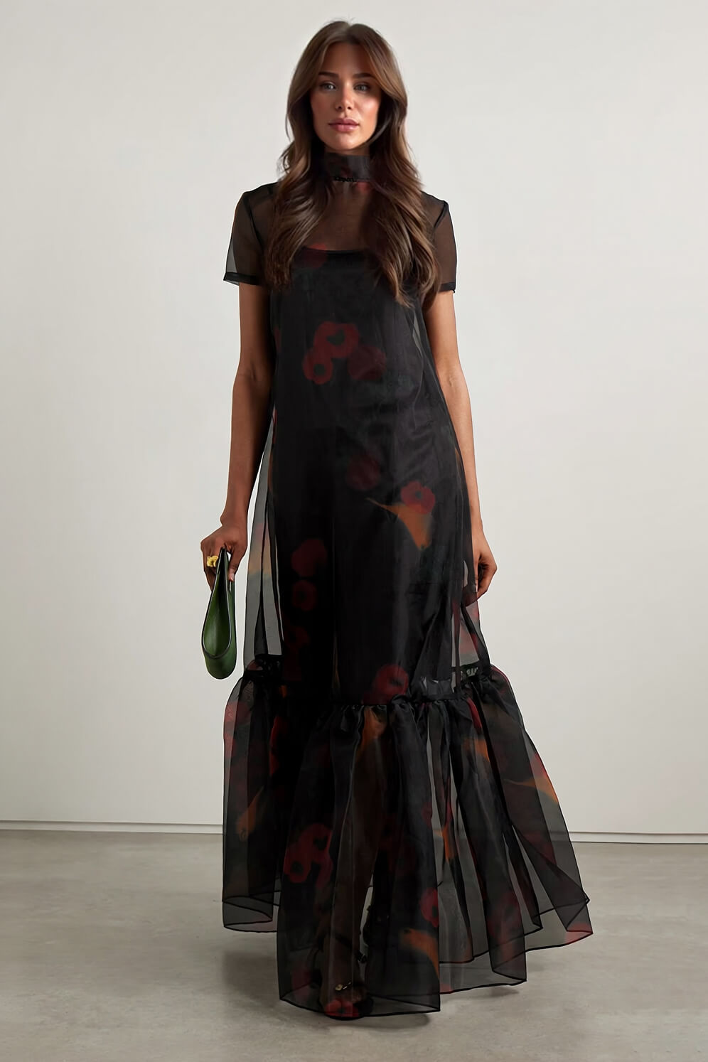 Casual Tie-Neck Multi-Layer Printed Maxi Dress