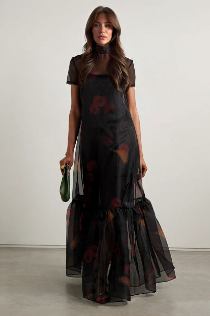 Casual Tie-Neck Multi-Layer Printed Maxi Dress