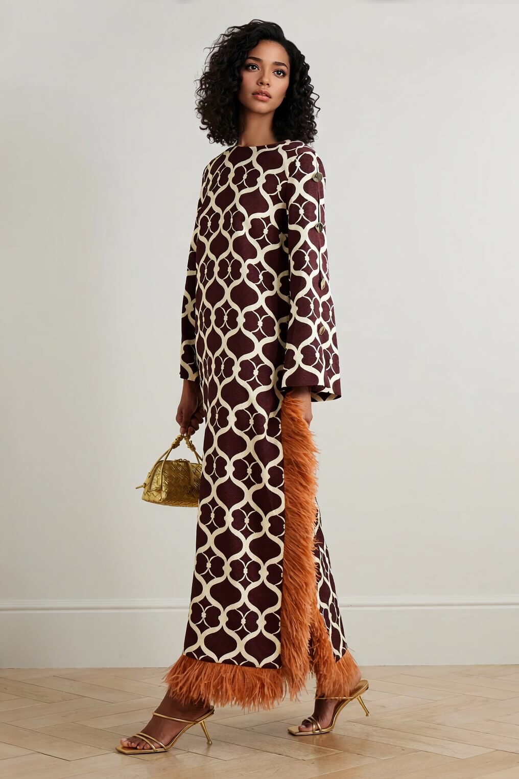 Exquisite Printed Feather-Trim Side-Slit Maxi Dress