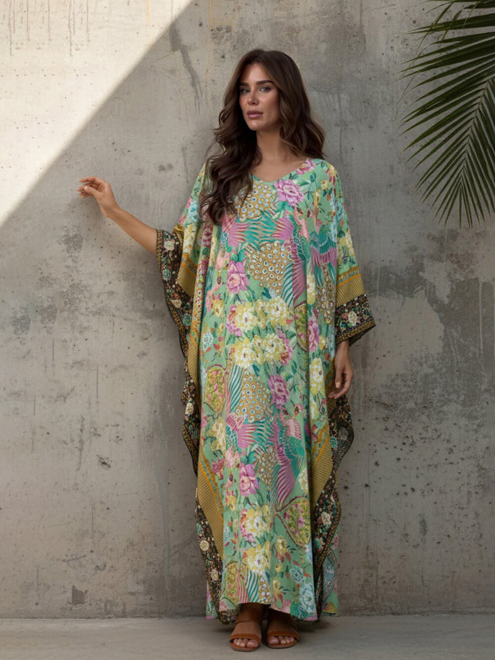 Modern Casual Peacock Print Kimono Beach Maxi Dress