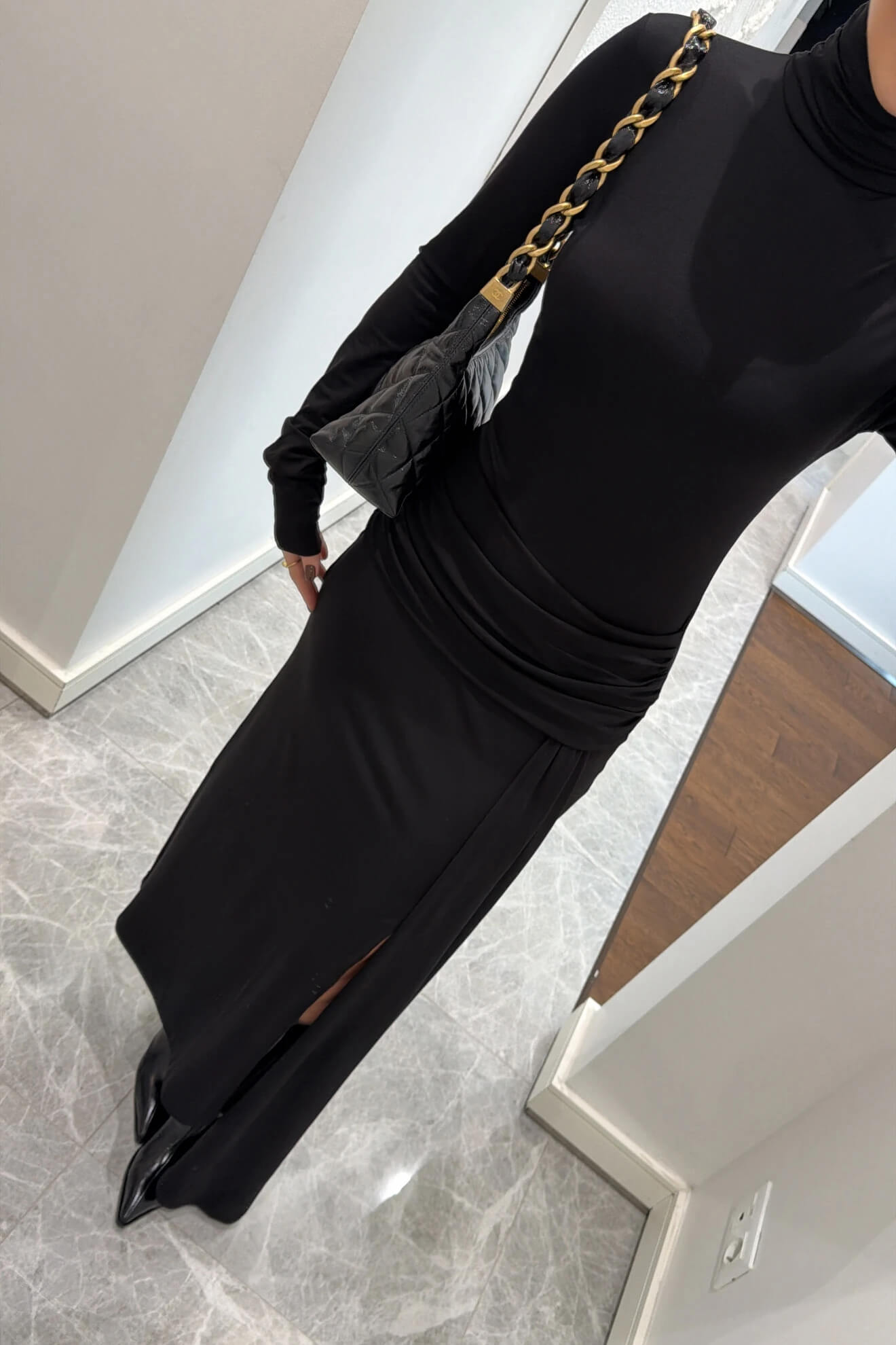 Elegant Navy Ruched Waist Slit Maxi Dress