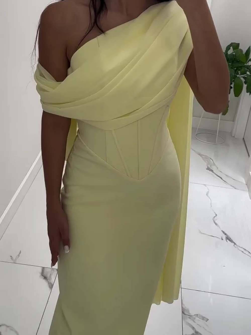 Elegant One-shoulder Draped Detail Gown Maxi Dress