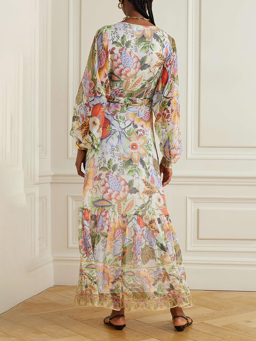 Exquisite Belted Floral-Print Chiffon Crepon Maxi Dress