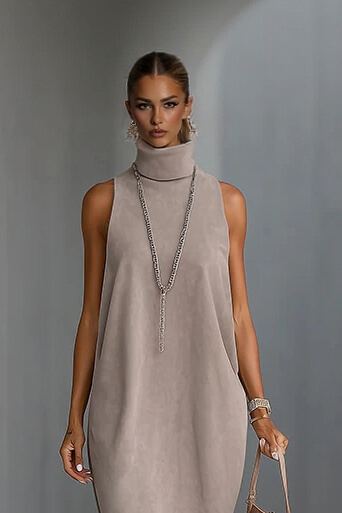 Elegant Faux Suede Fringe Hem Sleeveless Turtleneck Midi Dress