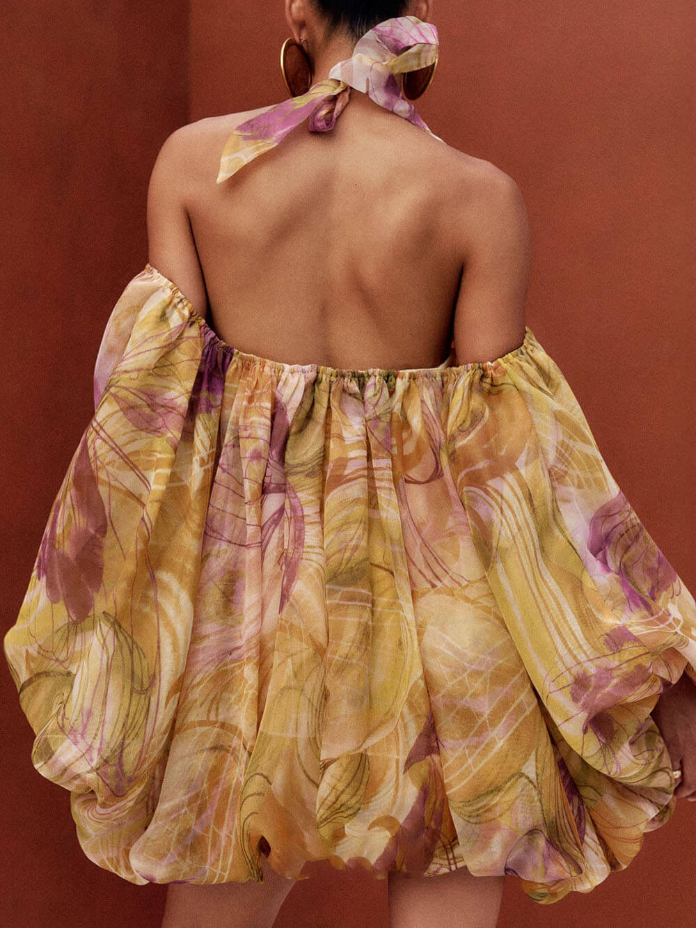 Exquisite Print Halter Neck Off-Shoulder Ruffled Bubble Mini Dress