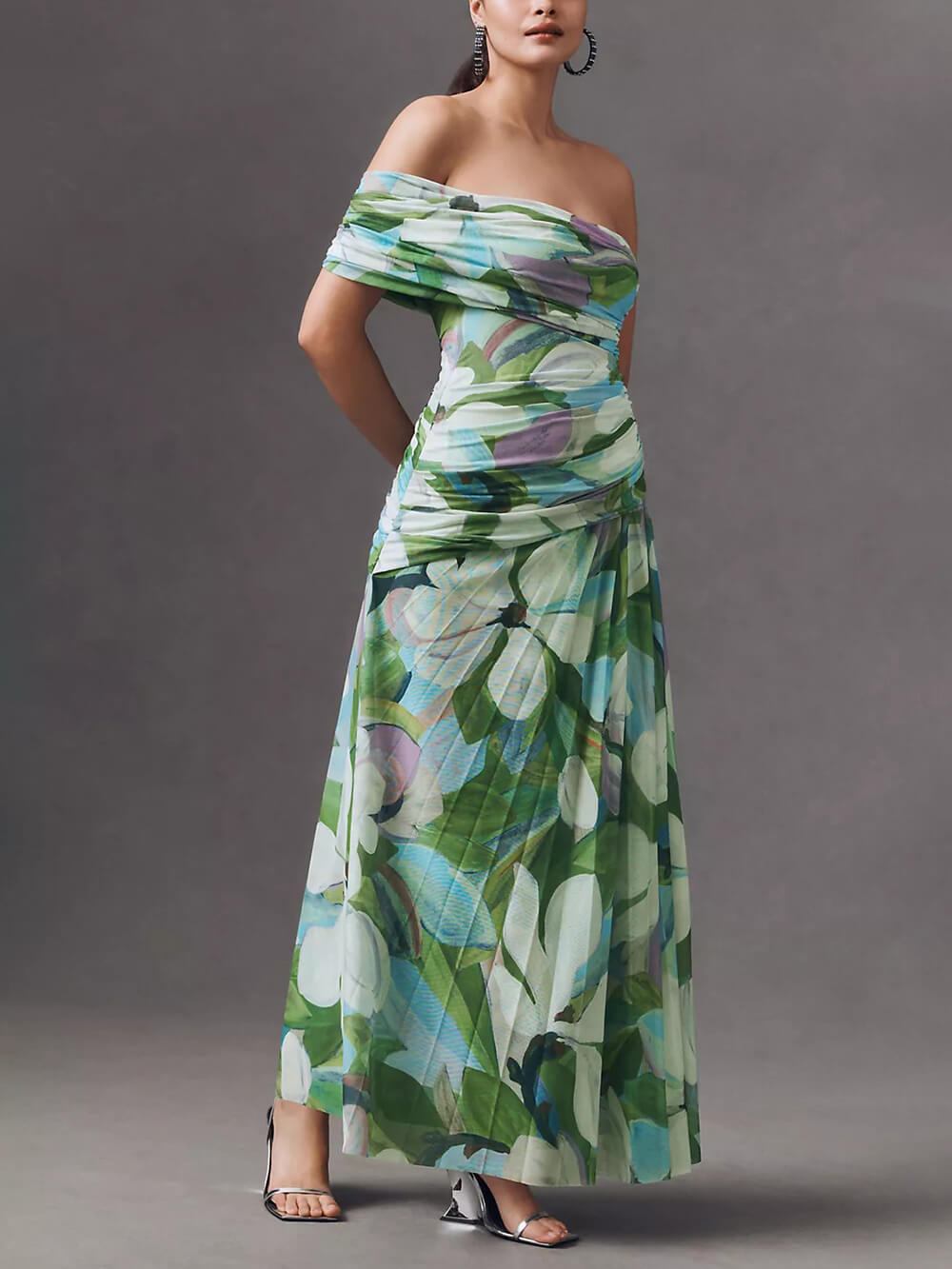Elegant Off-Shoulder Floral Print Draped Maxi Dress