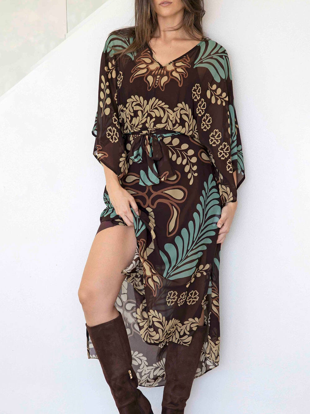 Bohemian Print Loose-fitting Slit Maxi Dress