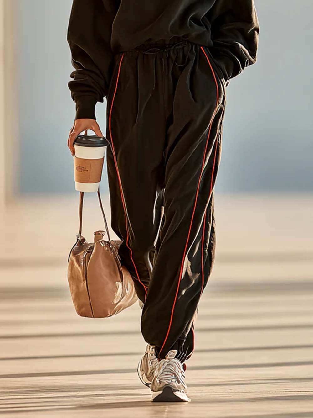 Minimalist Red Trimmed Zipper Neck Long Sleeve Sweatshirt And Sweatpants Set