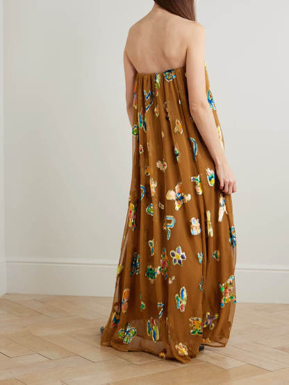 Retro-Inspired Unique Strapless Printed Ruched Maxi Dress