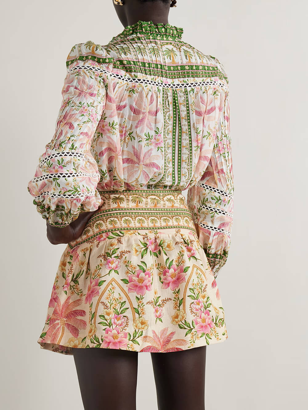 Retro Charm Crochet Trim Pleated Floral Patchwork Shirt