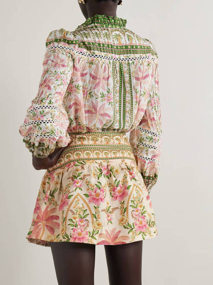 Retro Charm Crochet Trim Pleated Floral Patchwork Shirt