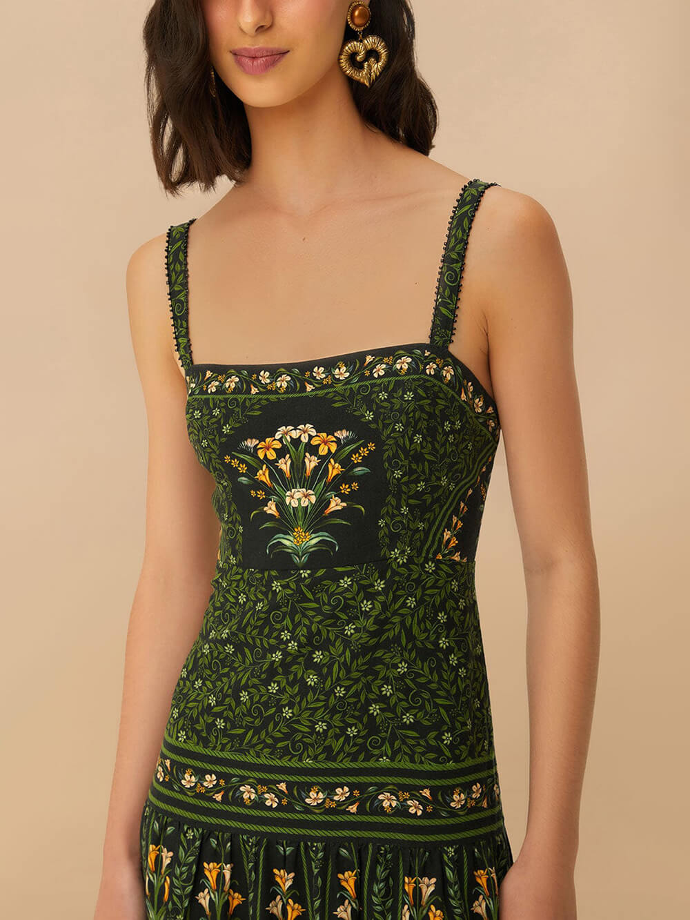 Unique Tropical Bloom Floral Print Linen-Blend Pleated Back Maxi Dress