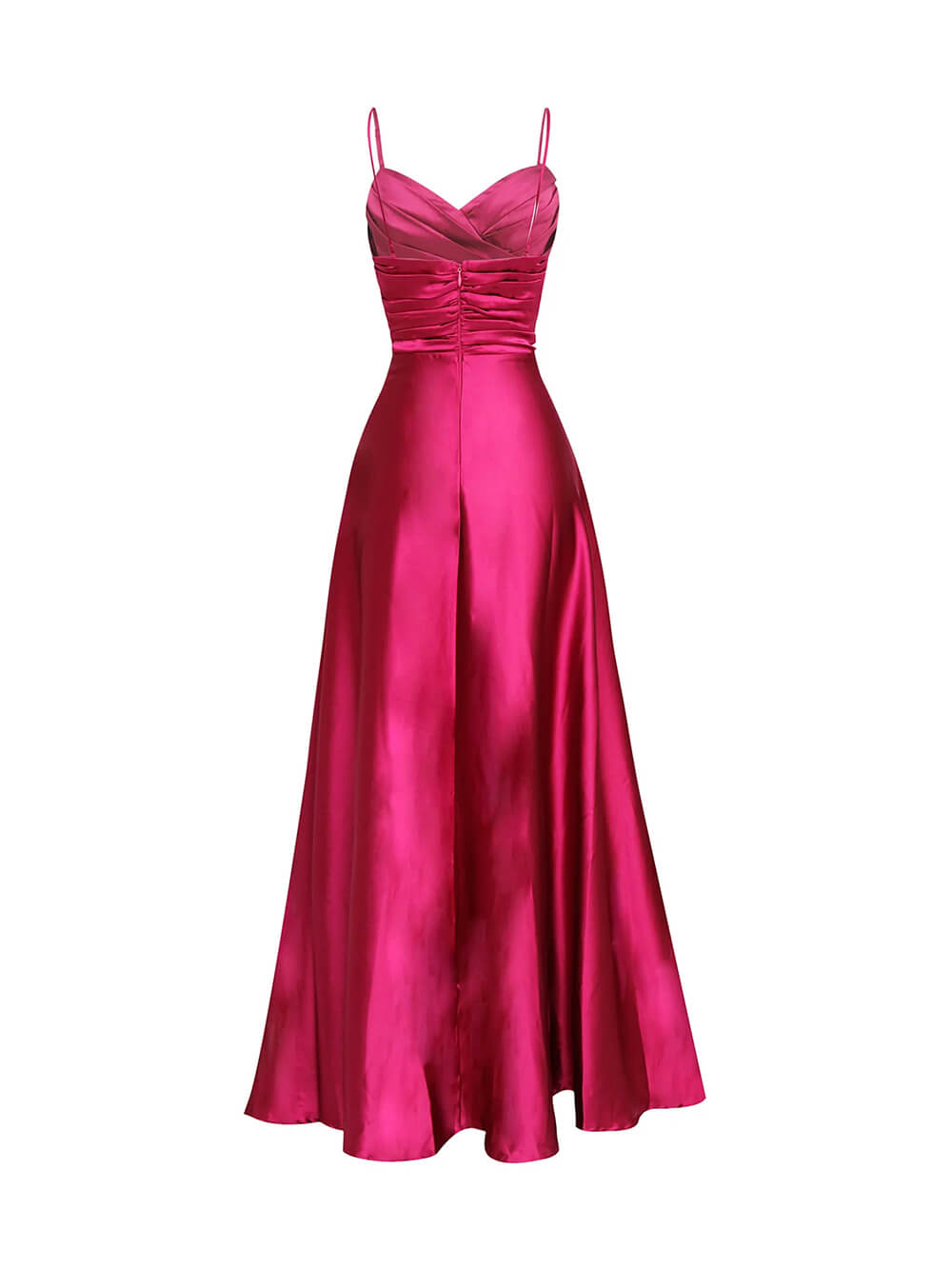 Elegant Satin Spaghetti Side Slit Strap Pleated A-Line Maxi Dress
