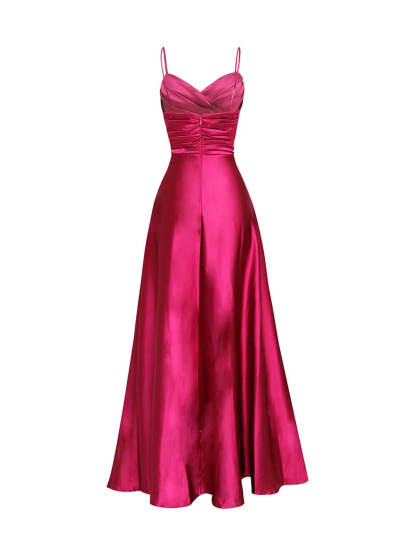 Elegant Satin Spaghetti Side Slit Strap Pleated A-Line Maxi Dress