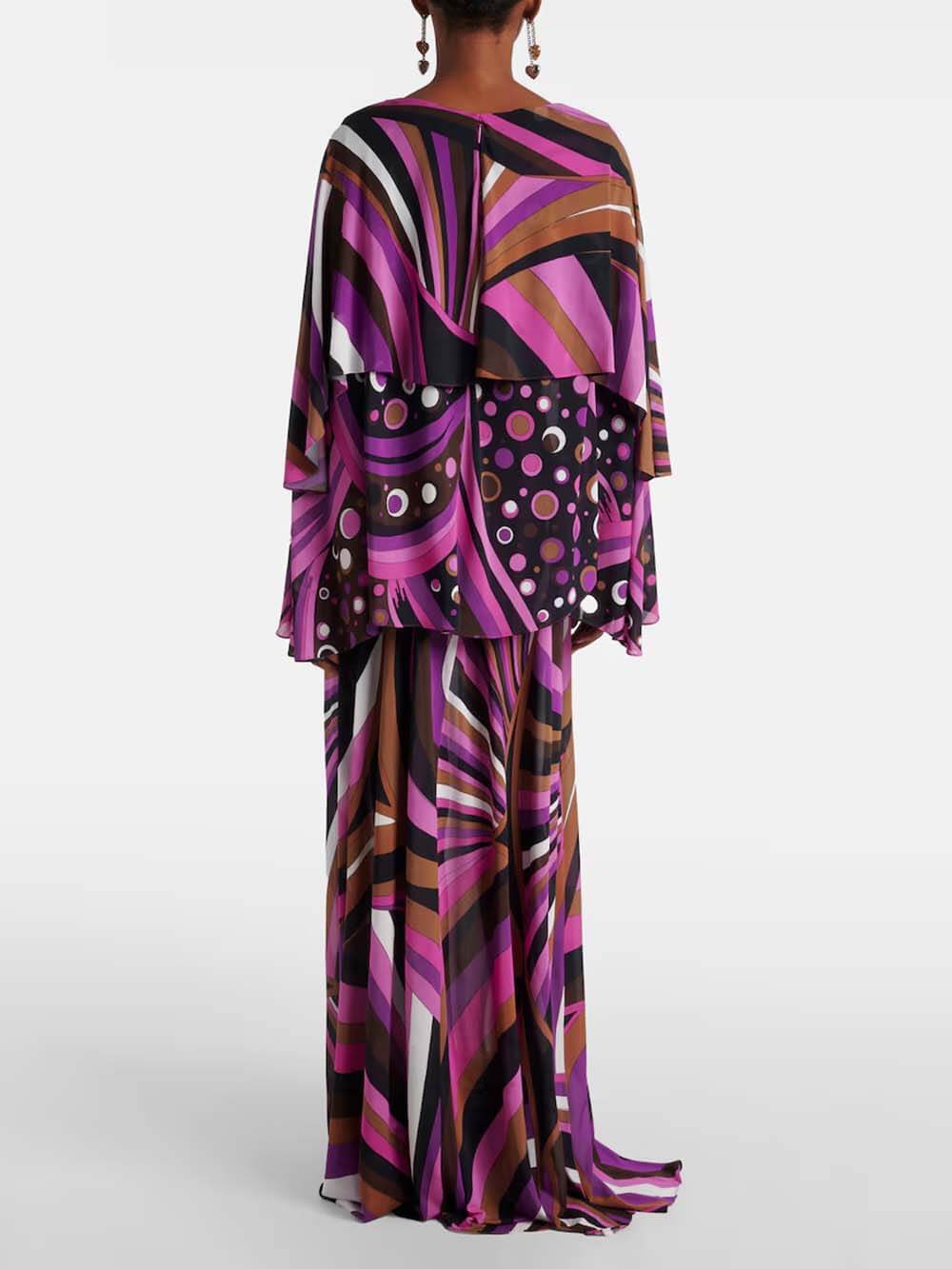 Unique Rainbow Print Layered Satin Maxi Dress