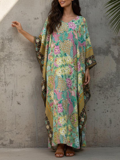 Modern Casual Peacock Print Kimono Beach Maxi Dress